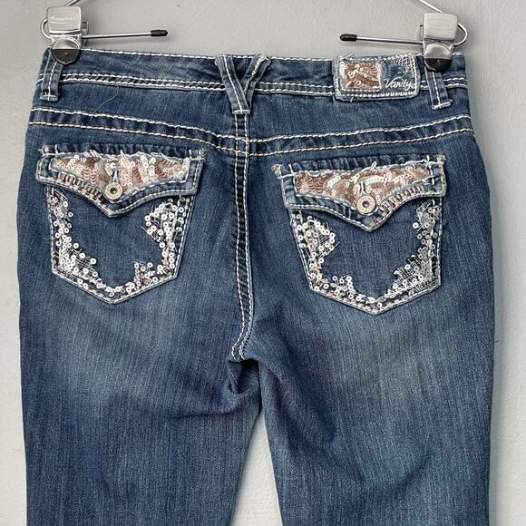 Y2K Vanity Sabrina Jeans Size 28 Low Rise Blue Denim Bootcut Embroidered Sequins - Picture 2 of 12